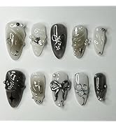 LBPEPAMZ Black Press on Nails Medium Almond Fake Nails with 3D Alloy Bow Pearl Designs Black Grad...