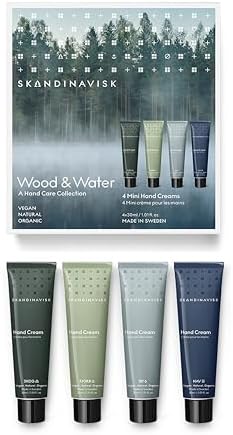 Skandinavisk Wood & Water Giftset of 4 Mini Handcreams. SKOG 'Forest', FJORD, ØY 'Island' and HAV 'Sea'. Vegan Formula, 1 fl. oz. x 4