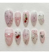 LBPEPAMZ 24Pcs Pink Press on Nails Medium Almond Fake Nails with 3D Heart Pearl Design Steel Ball...