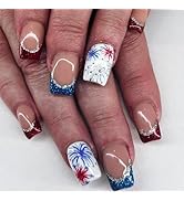 LBPEPAMZ 24Pcs 4th of July Press on Nails Short Medium Square Fake Nails with Glitter Firework De...