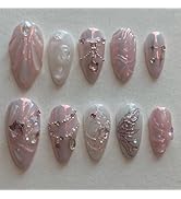 LBPEPAMZ 24Pcs Pink Press on Nails Medium Almond Fake Nails with 3D Star Rhinestones Pearl Design...