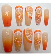 LBPEPAMZ 24Pcs Summer Fruit Press on Nails Medium Square Coffin Fake Nails with 3D Orange Water D...