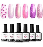 modelones Gel Nail Polish Set 6 Colors Pink Gel Polish Glitter Hot Pink Purple Shades Mermaid Pin...