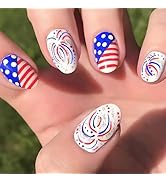 LBPEPAMZ 24Pcs Independent Day Press on Nails Short Almond Fake Nails with Colorful Glitter Firew...