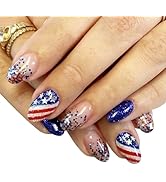 LBPEPAMZ 24Pcs Independent Day Press on Nails Short Almond Fake Nails with Silver Star American F...