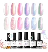 Modelones Pearl Gel Nail Polish Set, 6 Colors Aurora Iridescent Shimmer White Pink Purple Mermaid...