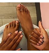 48Pcs Black French Tips Press on Nails and Toes With Simple Design, Glossy Nude Medium False Gel ...