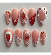 LBPEPAMZ 24Pcs Strawberry Press on Nails Medium Almond Fake Nails with 3D Pearl Design Cute Bow T...