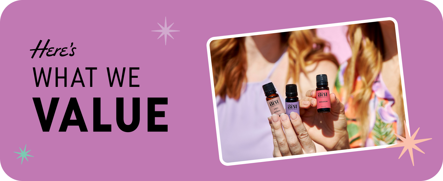 The Best Essential Oil Co. shows woman holding Lavender, Patchouli, Geranium oils—pure & natural.