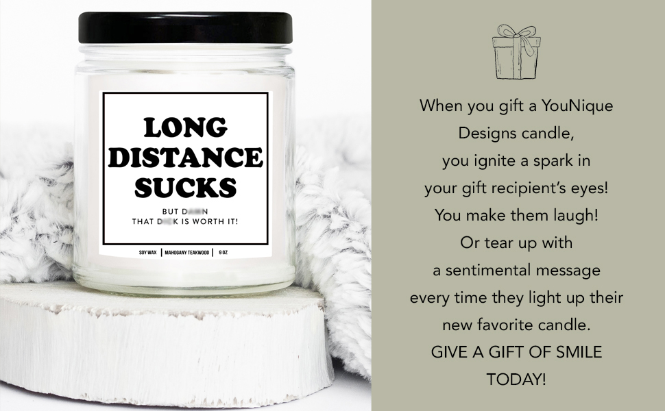 Long distance sucks scented mahogany teakwood soy wax white candle for women, 9 oz, gift logo