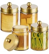 Amolliar Bronze Glass Apothecary Jar With Metal Lid & Stickers, Bathroom Qtip Dispenser Storage C...