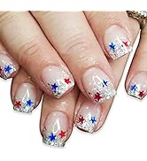 LBPEPAMZ 4th of July Press on Nails Independent Day False Nails with Red Blue Star Design Silver ...