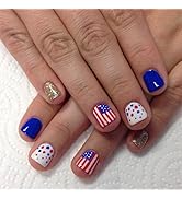 LBPEPAMZ 24Pcs 4th of July Press on Nails Short Square False Nails with Gold Glitter Colorful Dot...