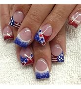 LBPEPAMZ 24Pcs Independent Day Press on Nails Short Square Fake Nails Blue Red Gradient Glitter F...