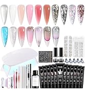 Fcozpjk Poly Nail Gel Kit with UV Light, 12 Colors Clear Nude Pink Iridescent Glitter Extension G...