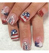 LBPEPAMZ 24Pcs Independent Day Fake Nails Short Square Press on Nails with White Star Design 4th ...
