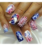 LBPEPAMZ 24Pcs Independent Day Press on Nails Medium Square Fake Nails with 4th of July Hat Desig...
