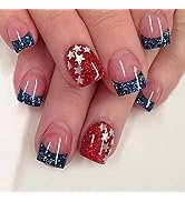 LBPEPAMZ 24Pcs Independent Day Press on Nails Short Square False Nails 4th of July Blue Glitter F...