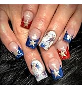 LBPEPAMZ 24Pcs 4th of July Press On Nails Short Medium Square Fake Nails with Gold Star Design Co...