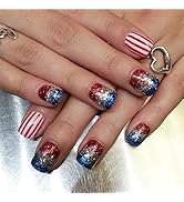 LBPEPAMZ 24Pcs Independent Day Fake Nails Short Square Press on Nails with White Red Line Design ...