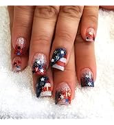 LBPEPAMZ 24Pcs Independent Day Press on Nails 4th of July Short Square Fake Nails with Silver Sta...