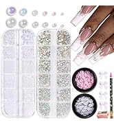 Fcozpjk Nail Gems and Pearls, Half Round Pearl Beads with Nail Rhinestones Flatback White Crystal...