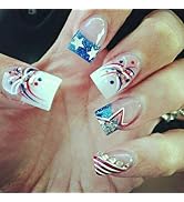 LBPEPAMZ 24Pcs Independent Day Fake Nails Short Square Press on Nails with White Rhinestones Desi...