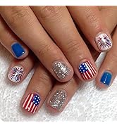 LBPEPAMZ 24Pcs 4th of July Press on Nails Short Square Fake Nails with Glitter Firework Design In...