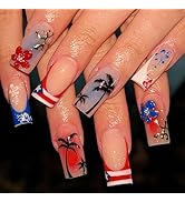 LBPEPAMZ 24Pcs Independent Day Fake Nails Medium Square Press on Nails with Flower Coconut Tree D...