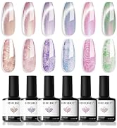 Modelones Pearl Gel Nail Polish, 6 Colors Shimmer Cat Eye Magnetic Nail Drawing Set with Magnet, ...