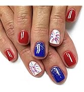LBPEPAMZ 24Pcs 4th of July Fake Nails Short Square Press on Nails with Colorful Firework Design R...