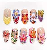 LBPEPAMZ 24Pcs Flower Press on Nails Medium Almond Fake Nails with 3D Colorful Spring Floral Butt...