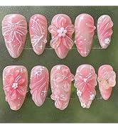 LBPEPAMZ 24Pcs Pink Press on Nails Medium Almond Fake Nails with 3D Flower Bow Butterfly Charms D...