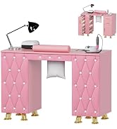 HolaiNail Manicure Table, Nail Tech Desk w/Dust Collector, Drawers & Cabinet, Pink Nail Salon Sta...
