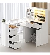 Manicure Table Nail Tech Desk w/LED Display Shelf, L-Shaped Glass Top Nail Station w/USB Ports, C...