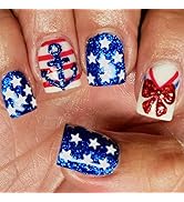 LBPEPAMZ 24Pcs 4th of July Press on Nails Independent Day Short Square Fake Nails with Red Glitte...