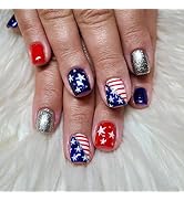 LBPEPAMZ 24Pcs 4th of July Fake Nails Short Square Press on Nails with Star Silver Glitter Design...
