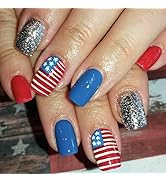 LBPEPAMZ 24Pcs 4th of July Press on Nails Short Square Fake Nails With Silver Glitter Design Inde...
