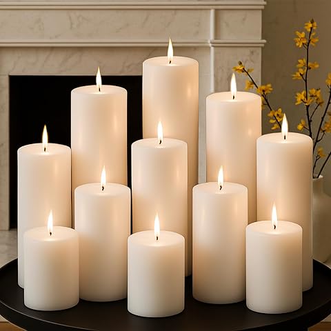 White Pillar Candles Set, 12 Packs, 2.8 in x 4, 6, 8 Inch Assorted Size Unscented P...