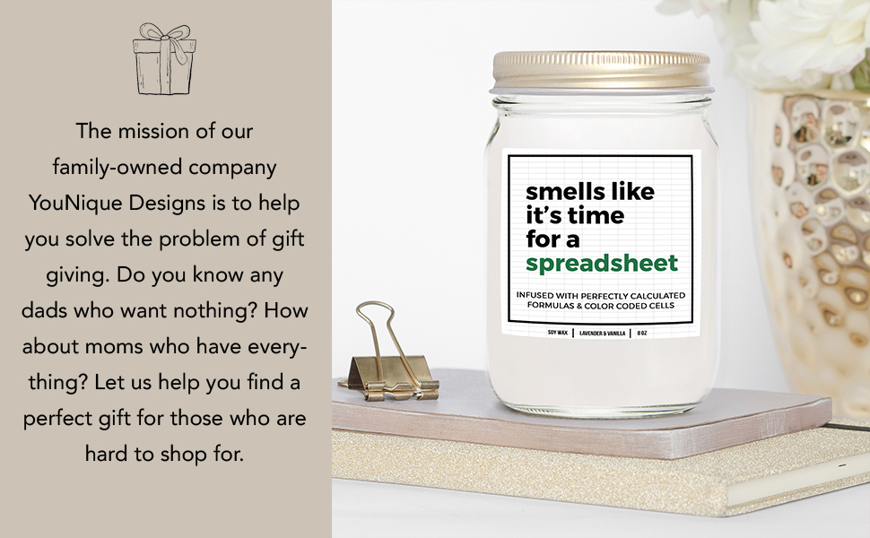 Time for a Spreadsheet scented lavender vanilla soy wax white candle for women, 8 oz, gift logo