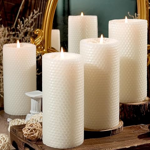 4 Packs Beeswax Pillar Candles - 2.8x6in Hand-Rolled White Beeswax Candles, 180 Hou...