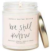 Sweet Water Decor, Be Still and Know, Sea Salt, Jasmine, Cream, and Wood Scented Soy Wax Candle for Home - Christian Candle G