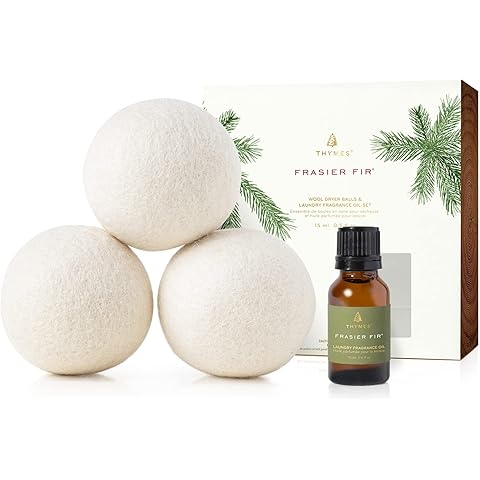 Thymes Wool Dryer Balls Set – Includes 3 Wool Laundry Balls + 1 Scented Laundry Fragrance Oil for Dryer – Eliminate Wrinkles, Static & Lint (Frasier Fir, 0.5 fl oz)
