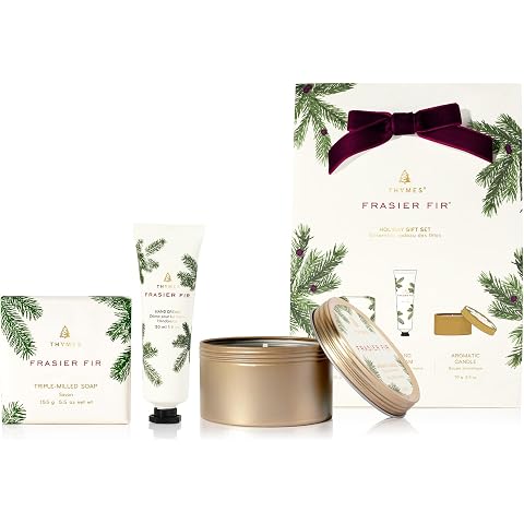 Thymes Frasier Fir Hand Cream, Travel Tin Candle Jar and Bar Soap Gift Set - Scented with Notes of Siberian Fir, Cedarwood, and Sandalwood - Luxury Home Fragrance Set - Hostess Gift for the Holidays