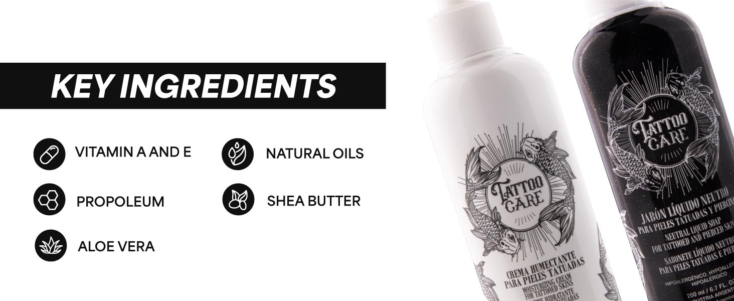 Key ingredients from the kit, vitamin A and E, natural oils, propoleum, shea butter and aloe vera