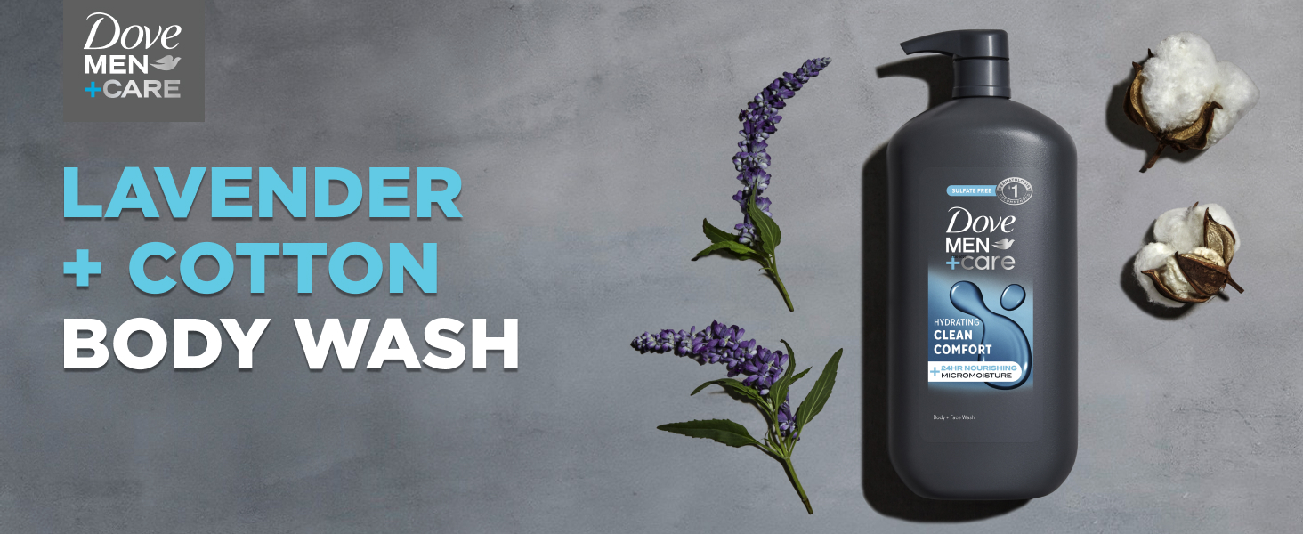 Pump bottle of Dove Men+Care Body Wash on gray stone with lavender sprigs and cotton.