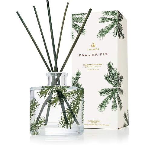 Thymes Frasier Fir Reed Diffuser Set – Includes Reeds, Fragrance Oil, and Frosted Glass Bottle – Fragrance Oil Diffuser – Room Fresheners – Luxury Home Decor – Green & Clear (Pine Needle, 4 fl oz)