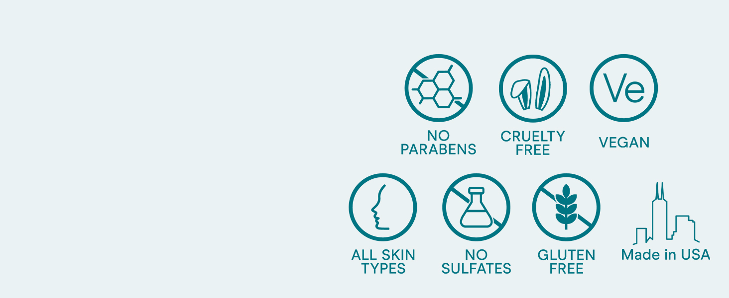 Dermatologist-tested, non-irritating, vegan, GF, cruelty-free, paraben-free, made in USA