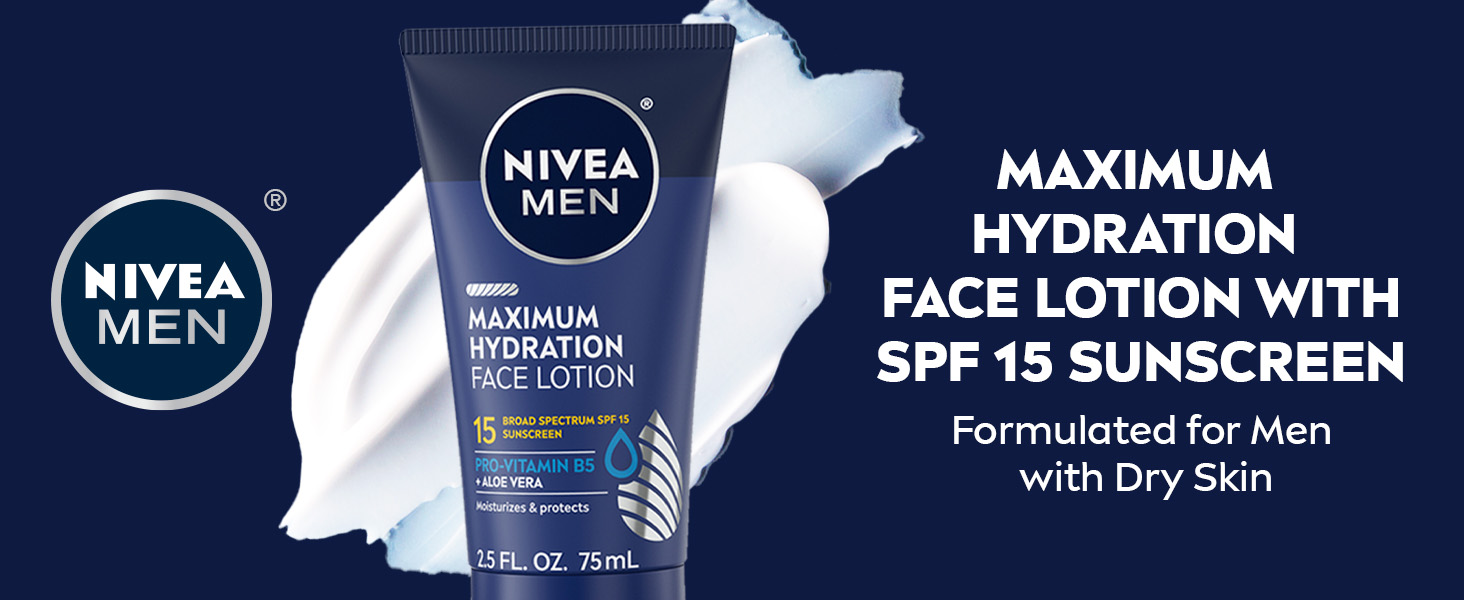 NIVEA Men Maximum Hydration Face Lotion with SPF 15 Sunscreen. Formulated for men with dry skin