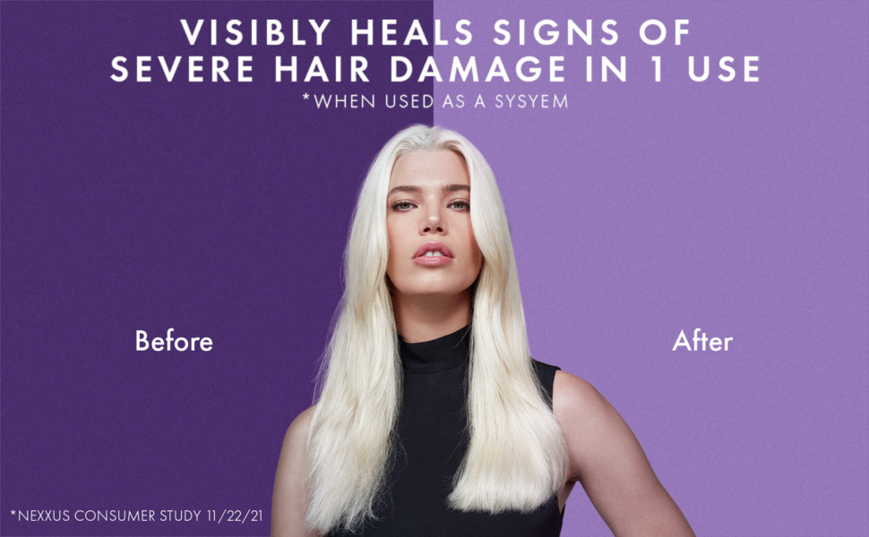 Image showing before and after of woman using  product on a violet and purple background. 